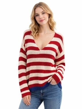 Cider ($58) Oversized Striped Cotton Blend V-Neck Sweater - PTP 28